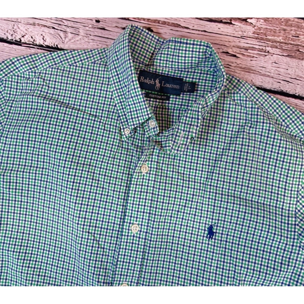 Ralph Lauren Shirt Mens Lg Green Blue Plaid Button Down Long Sleeve Custom Fit